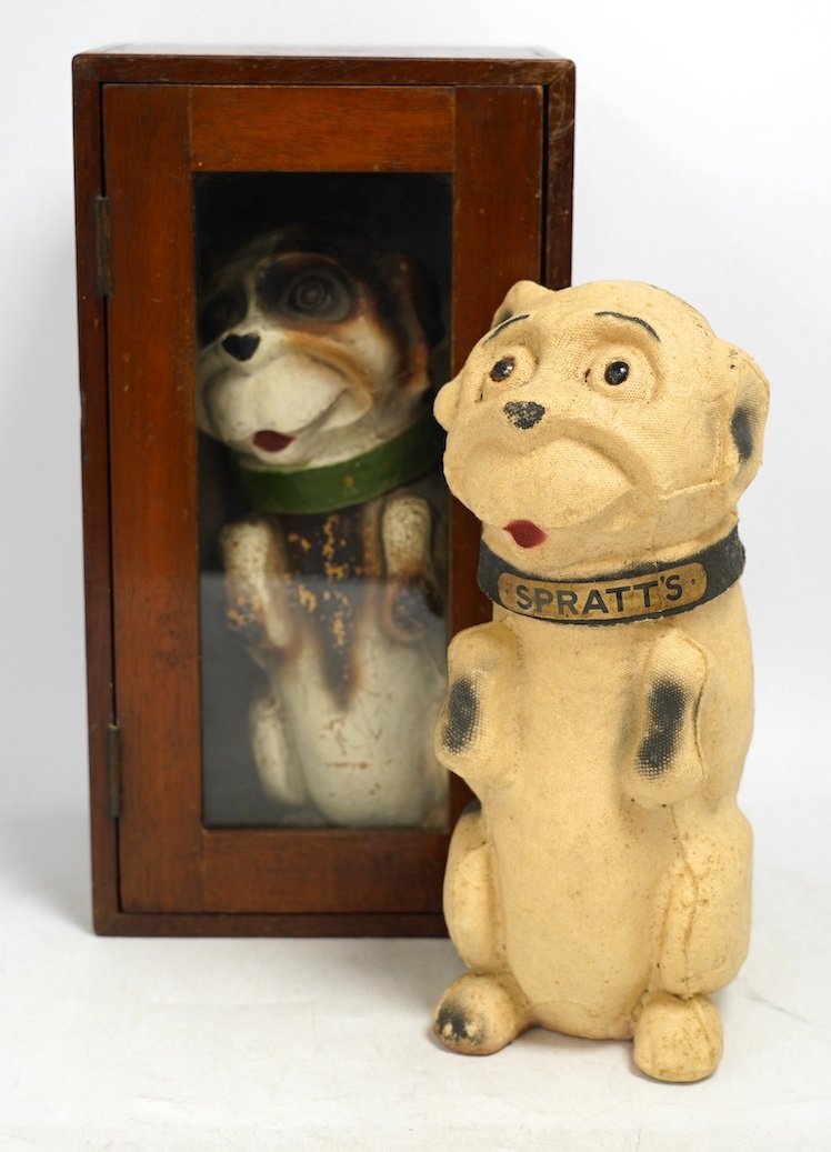 Two vintage printed card dog biscuit boxes, one with a Spratt’s collar, the other mahogany cased, 30cm high. Condition - fair